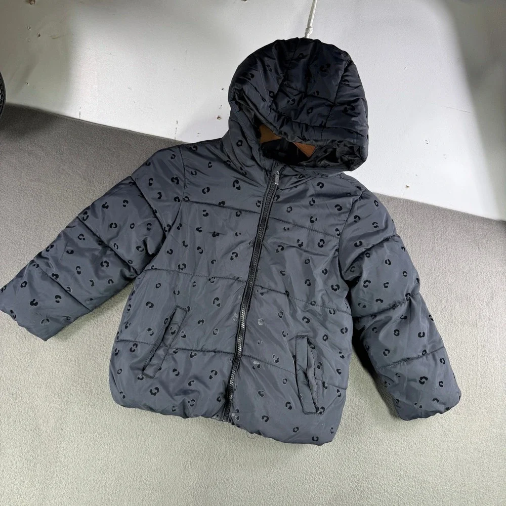 Cheeky Girls‎ Puffer Jacket Size 6 Gray Leopard Print Hooded Winter Coat
